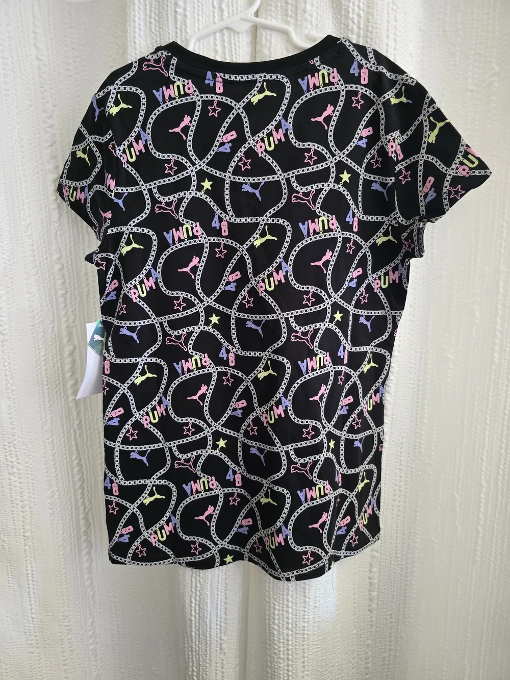 Girls Large Puma Black Short Sleeve Top with Pink, Blue & Yellow Accents